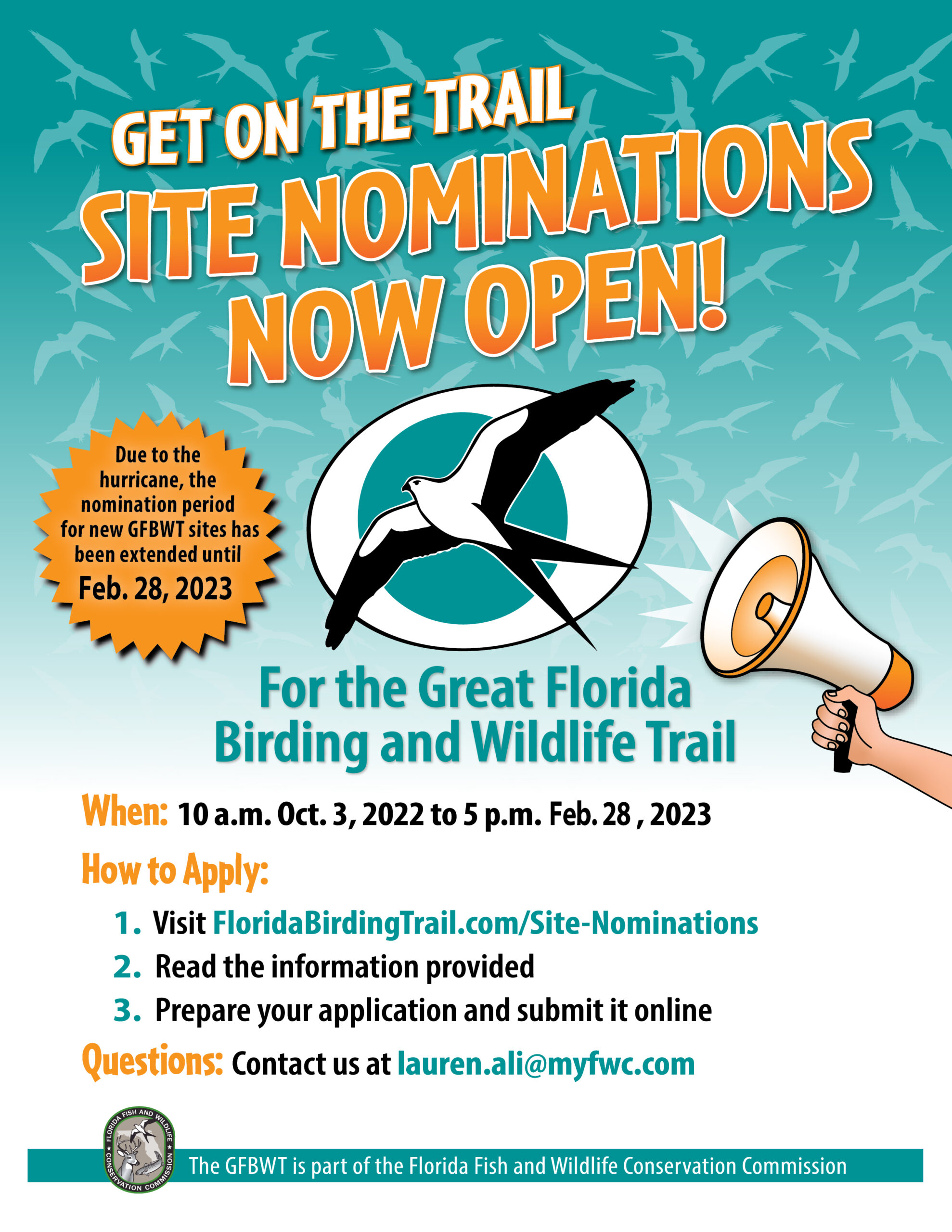 Flyer announcing the opening of the extended nomination period for new Great Florida Birding and Wildlife Trail (GFBWT) sites
