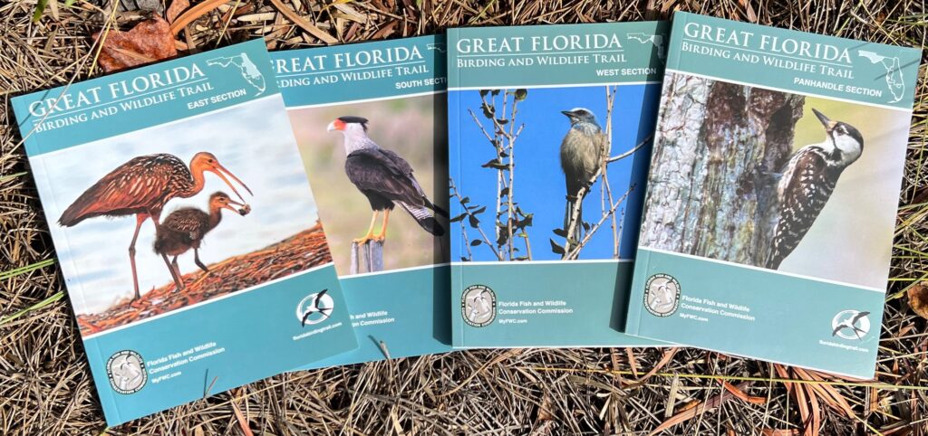 Four guide booklets with birds on their covers, one for each section of the Great Florida Birding and Wildlife Trail